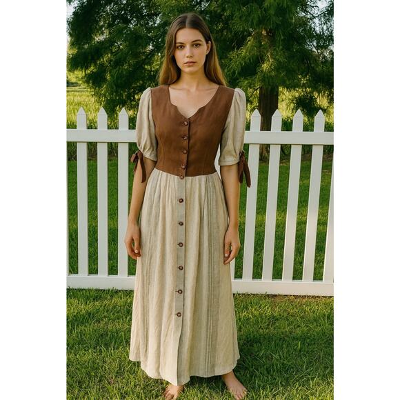 Vintage 70s Style Nur Trocken Reinigen 100% Linen Maxi Prairie Dress Boho Large - Picture 1 of 16